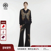 潮流套装 TCH时尚 烫钻翅膀黑色休闲连帽拉链外套长裤 女T78A07E1081