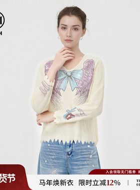 TCH2026春季新款百搭烫钻天使之翼米白色V领针织衫女T78A09E1105