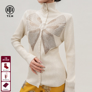 T75C43E5023 翻领毛衣女秋冬新款 TCH私服时尚 潮牌老钱风冬针织开衫