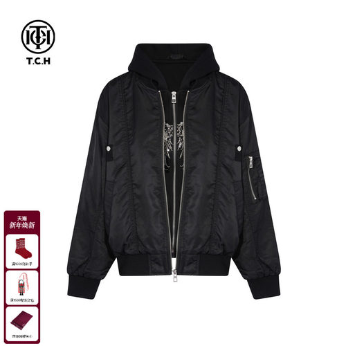 TCH潮牌烫钻假两件宽松连帽夹克棉服外套男25秋冬新款T75C18E5001