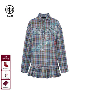 T75D13E1003 新款 TCH日系复古格子荷叶边加绒宽松衬衫 上衣女25冬季