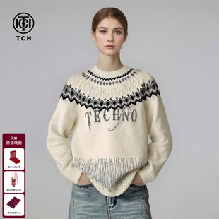 TCH秋冬慵懒高级感费尔岛烫钻流苏纹宽松针织衫 上衣女T75D09E1306