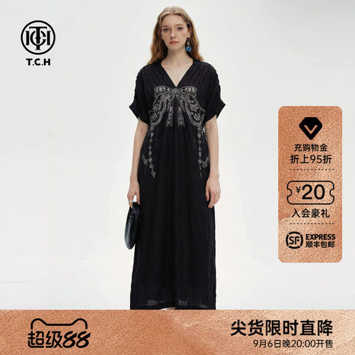 TCH烫钻大蝴蝶结宽松黑色连衣裙