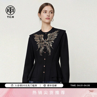 衬衫 上衣女T78A13E1017 显瘦长袖 TCH烫钻天使之翼黑色气质收腰修身
