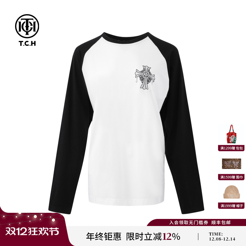 TCH轻奢时尚潮流圆领撞色长袖T恤女上衣2025秋季新款T75C08E9001