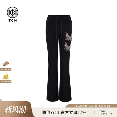 TCH蝴蝶烫钻百搭显瘦黑色加绒修身微喇裤女2025冬新款T75D20E1172