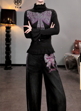 TCH烫钻黑色修身显瘦半高领针织衫上衣女2025秋冬款T75D09E1169