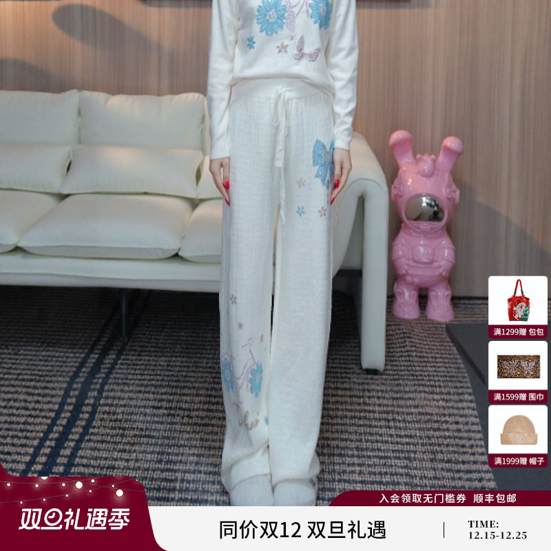 TCH2025冬季新款百搭烫钻慵懒风加绒宽松直筒休闲裤女T75D20E1219