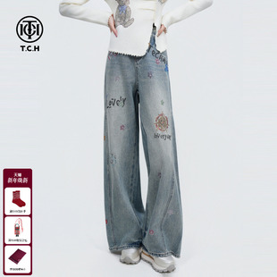 T75C20E5042 长裤 TCH美式 涂鸦洗旧复古休闲阔腿宽松高腰显瘦牛仔裤