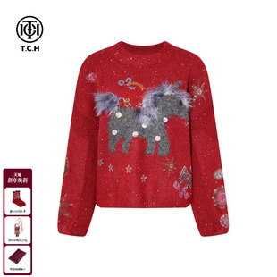 新款 女25冬季 T75D09E1238 烫钻红色休闲宽松圆领毛衣针织衫 TCH时尚