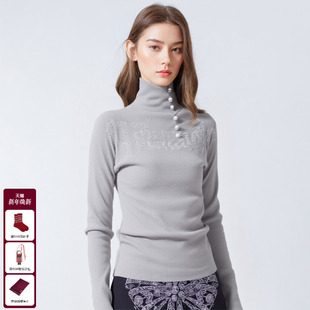 上衣女T75D09E1121 气质百搭高领灰色针织衫 TCH私服冬款 烫钻时尚