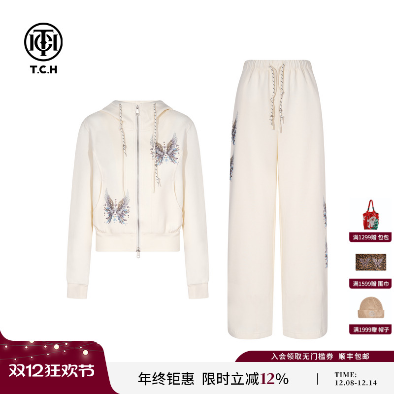 TCH私服烫钻早秋潮流连帽短卫衣外套休闲裤运动套装女T75C07E1030