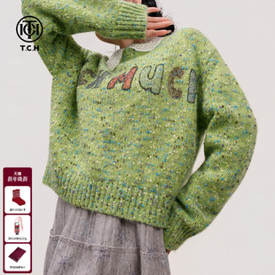 T75D09E1161 宽松百搭针织衫 TCH烫钻彩点圆领套头毛衣女25冬季 新款