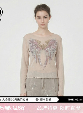 TCH26春款时尚翅膀烫钻修身微透轻熟风打底衫上衣女T78A02E1019A