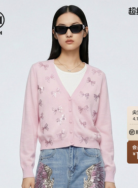 TCH2026春季蝴蝶结烫钻粉色减龄轻薄假两件针织衫女T78A09E1162