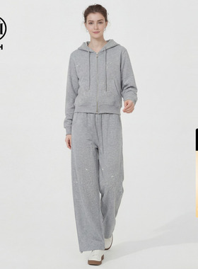 TCH满天星烫钻短款连帽卫衣女外套阔腿裤灰色休闲套装T78A07E1089