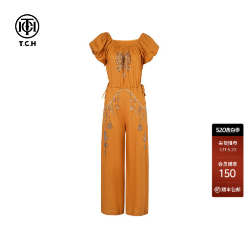 TCH烫钻亚麻时尚休闲气质泡泡袖圆领连体裤女夏季T75B20E5219