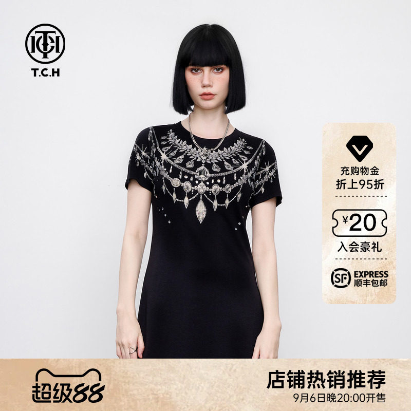 TCH轻奢重工烫钻时尚修身显瘦黑色收腰连衣裙女2026夏季新款图片