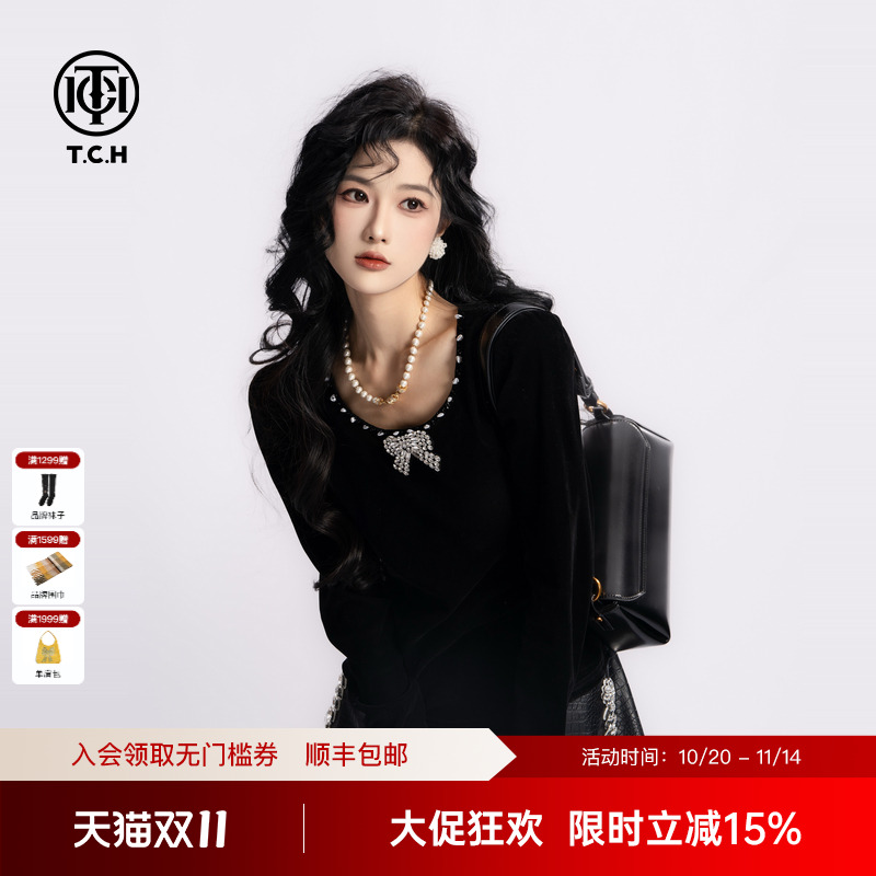 TCH私服烫钻轻奢时髦洋气百搭圆领打底衫女内搭外穿T75C02E5005