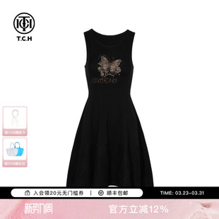 TCH烫钻时尚 连衣裙女T75C30B1018 休闲蝴蝶气质收腰显瘦无袖