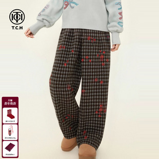 T75D20E1261 新款 TCH复古温柔风雪花烫钻咖色格纹阔腿休闲裤 女冬季