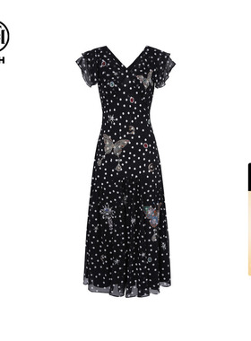 TCH烫钻气质淑女减龄A字收腰V领显瘦波点连衣裙女T75B30E5205