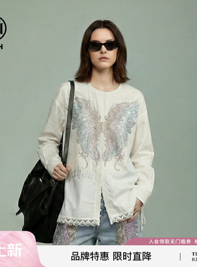 TCH烫钻翅膀衬衫女2026春季新款设计感蕾丝拼接上衣女T78A13E1047