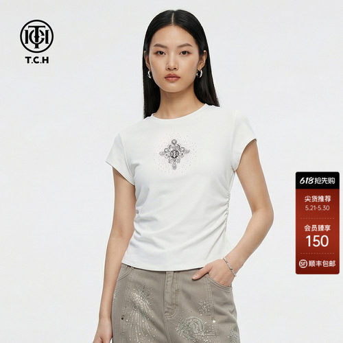 TCH2026春新款修身显瘦设计感短款辣妹正肩短袖T恤女T78A10E1028