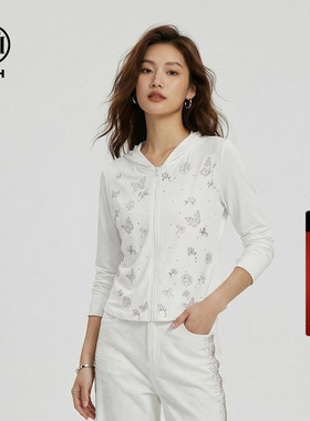 TCH烫钻蝴蝶连帽防晒衣女2026夏季新款白色修身显瘦长袖拉链上衣