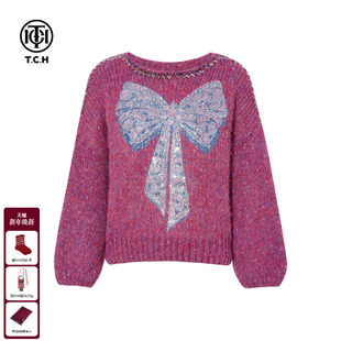TCH时尚 上衣女T75D09E5062 烫钻蝴蝶结宽松圆领紫色慵懒洋气针织衫