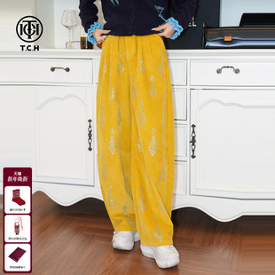 女T75C20E1122 多巴胺姜黄色收腰灯芯绒阔腿休闲裤 TCH 100%纯棉