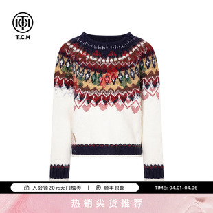 烫钻针织衫 T75D09E120259 新款 TCH慵懒提花费尔岛毛衣女2025冬季