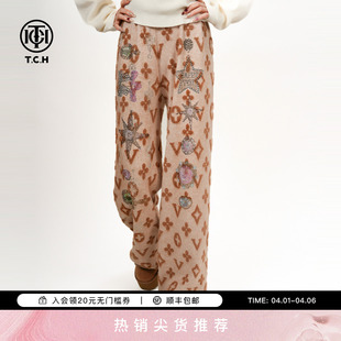 女2025秋冬 TCH奢雅流沙黄金色垂感烫钻直筒弹性针织松紧腰休闲裤