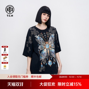 新款 TCH烫钻幻彩蝴蝶复古时尚 2025夏季 T恤男女同款 宽松纯棉短袖