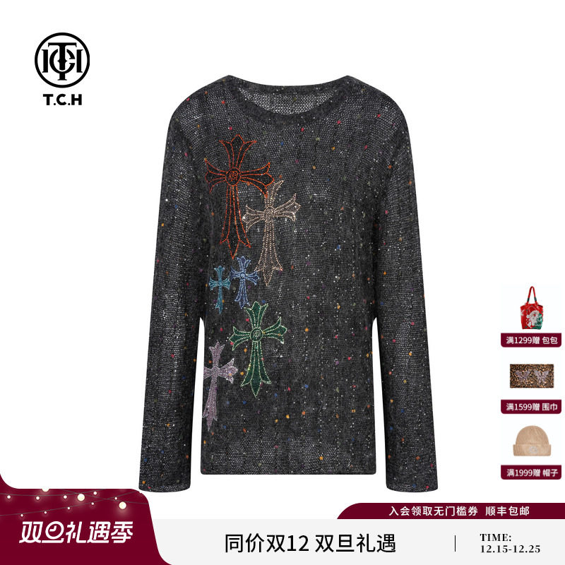 TCH私服烫钻时尚慵懒风马海毛圆领针织衫女25秋季新款T75C09E5089