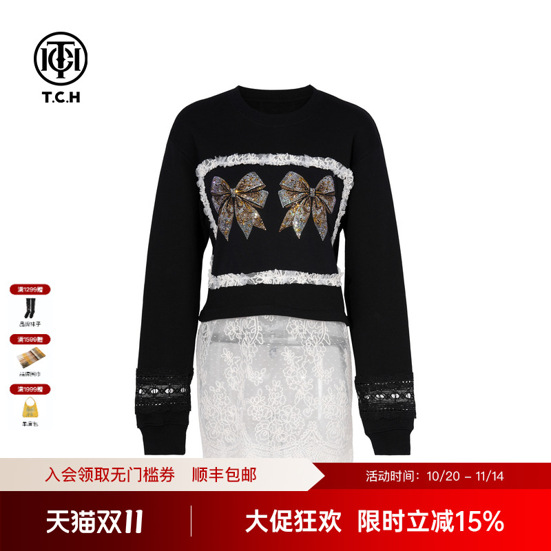 TCH私服烫钻时尚设计感蕾丝拼接圆领卫衣女25秋季新款T75C11B1007