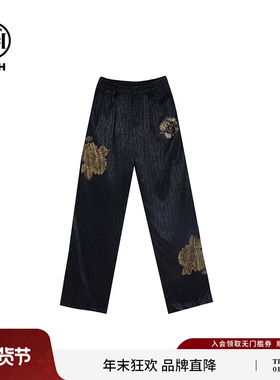 TCH新中式轻奢花藤满钻提花醋酸黑色阔腿裤女T72A20E9011