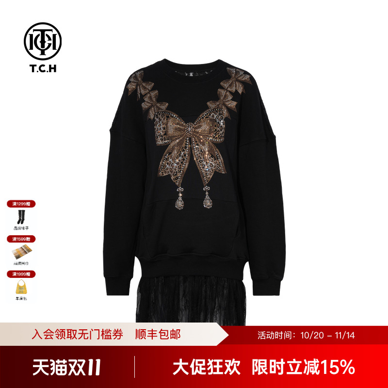 TCH私服烫钻时尚休闲长袖蕾丝拼接连衣裙女25秋季新款T75C30B1009