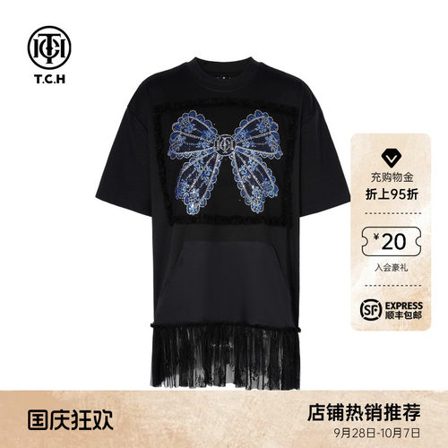 TCH蝴蝶结烫钻蕾丝拼接宽松韩版显瘦短袖T恤女夏T75C10B1010