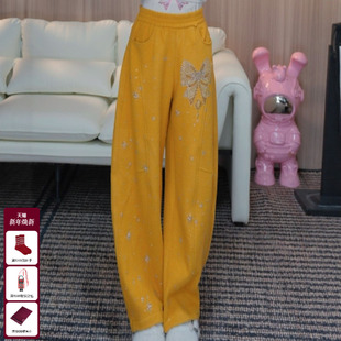 TCH百搭时尚 女T75D20E1217 烫钻慵懒风黄色加厚阔腿宽松显瘦休闲裤