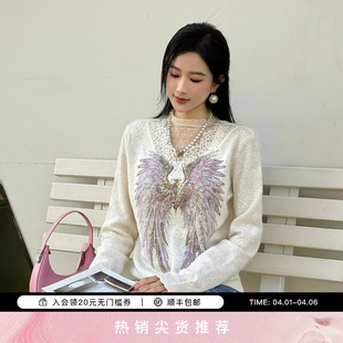 女T78A09E1061 TCH天使之翼烫钻米白色蕾丝拼接高领纯欲打底针织衫