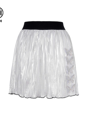 TCH私服烫钻网纱拼接显瘦短款流光压褶复古半身裙女夏T75C22B1002