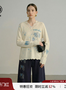 TCH26春款时尚烫钻萌熊白色休闲减龄蕾丝V领针织衫女T78A09E1131