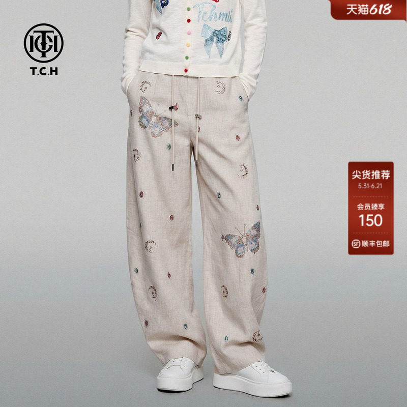 TCH烫钻亚麻薄款高腰弯刀裤阔腿宽松休闲裤女夏季T75B20E5089