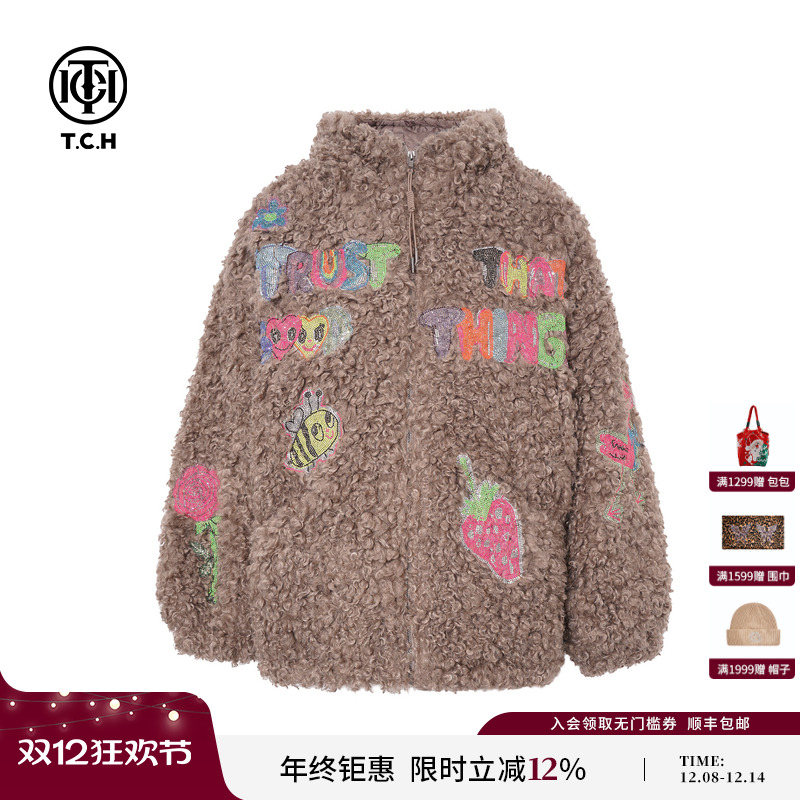 TCH时尚韩版烫钻保暖宽松连帽毛毛外套女2025冬季新款T75D27E5005