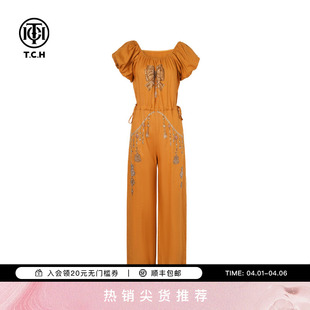 TCH烫钻亚麻时尚 圆领连体裤 女夏季 T75B20E5219 休闲气质泡泡袖