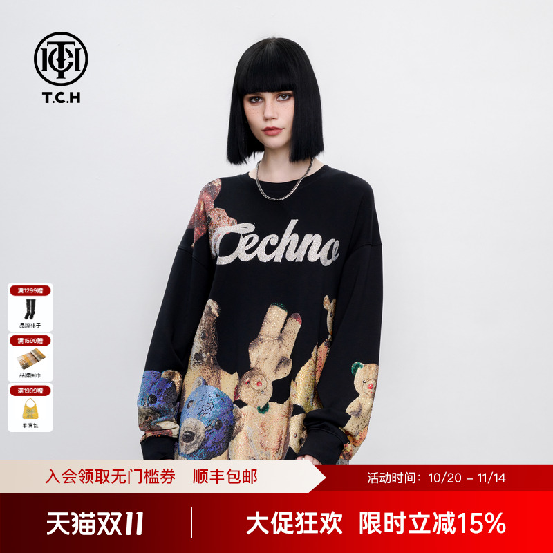 TCH 烫钻卡通趣味小熊宽松潮酷休闲长袖T恤男女同款2025夏季新款