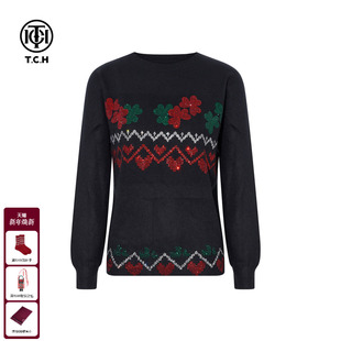 女宽松百搭休闲毛衣秋冬款 针织衫 T75D09E1225 烫钻圆领长袖 TCH时尚