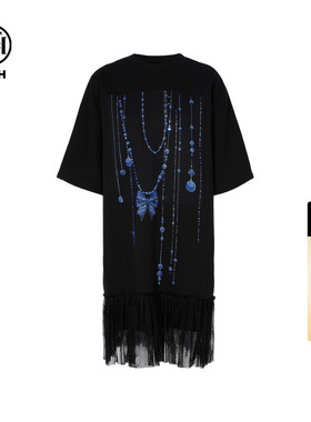 TCH烫钻黑色连衣裙蕾丝拼接休闲洋气宽松T恤裙女T75C30B1005