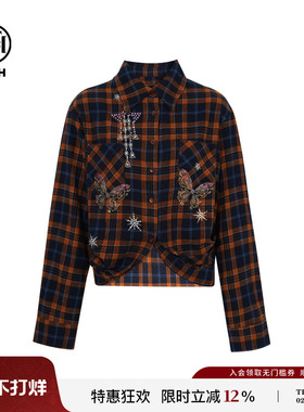 TCH轻奢烫钻早秋时尚复古短款长袖蓝格衬衫上衣外套女T75C13E1038